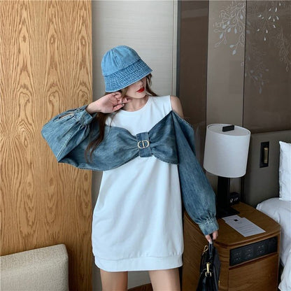 スタイリッシュ ラウンドネック 一目惚れ 切り替え 蝶結び スウェット パーカーE-2849