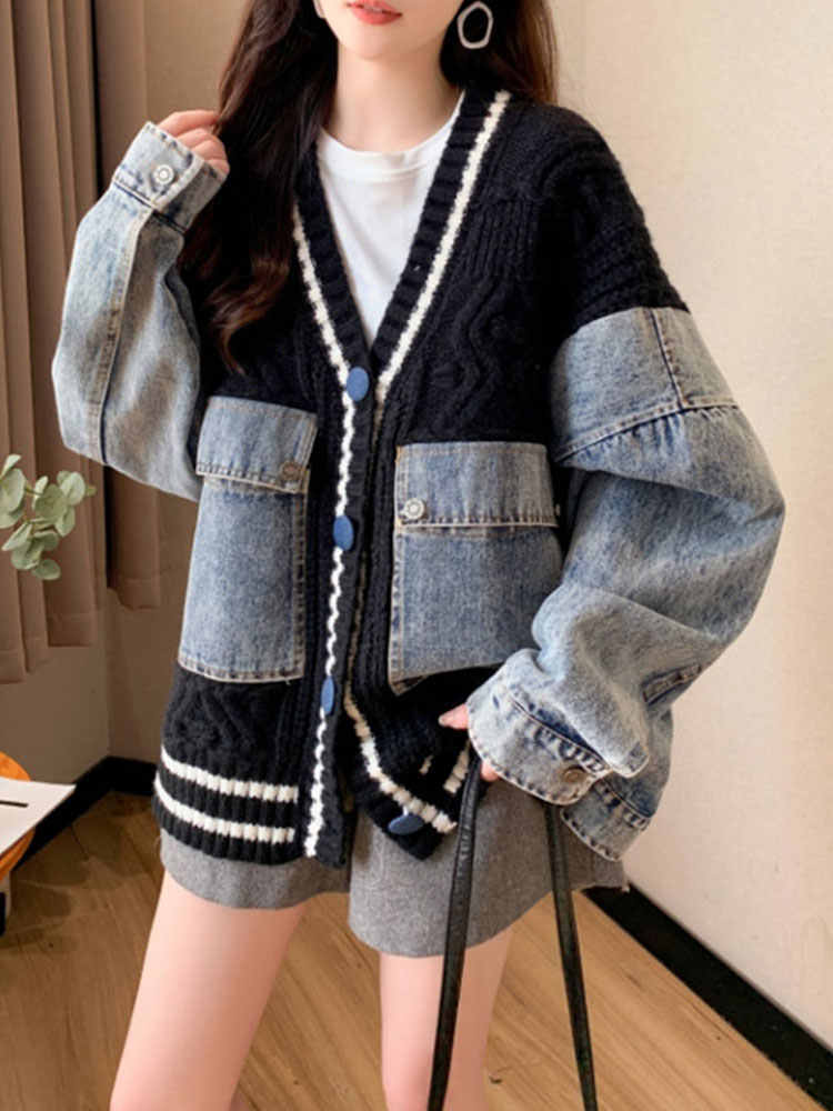 存在感抜群 おしゃれ度高め トレンドアイテム デニム 切り替え 2色選択 ニットトップスE-9724