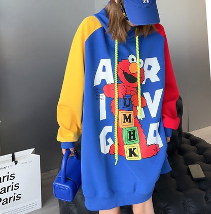 オーバーサイズ カラーマッチング アルファベットプリント フード付き ロングパーカE-4085