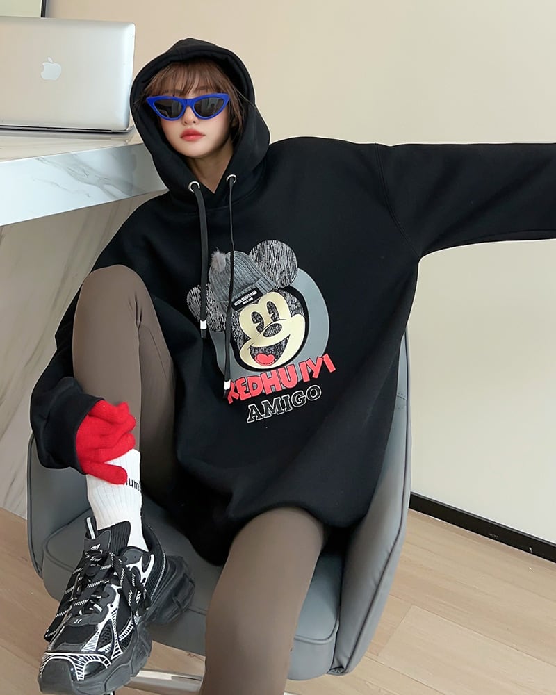 美人度アップ プリントロゴ ゆったりフード付きパーカー裏起毛 全5色ins-4847