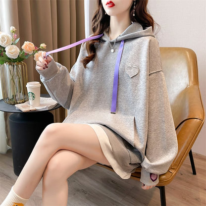 【裏起毛】レイヤード風ハートロゴゆったりフード付きパーカ全4色 ins-4743