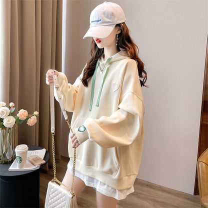 【裏起毛】レイヤード風ハートロゴゆったりフード付きパーカ全4色 ins-4743