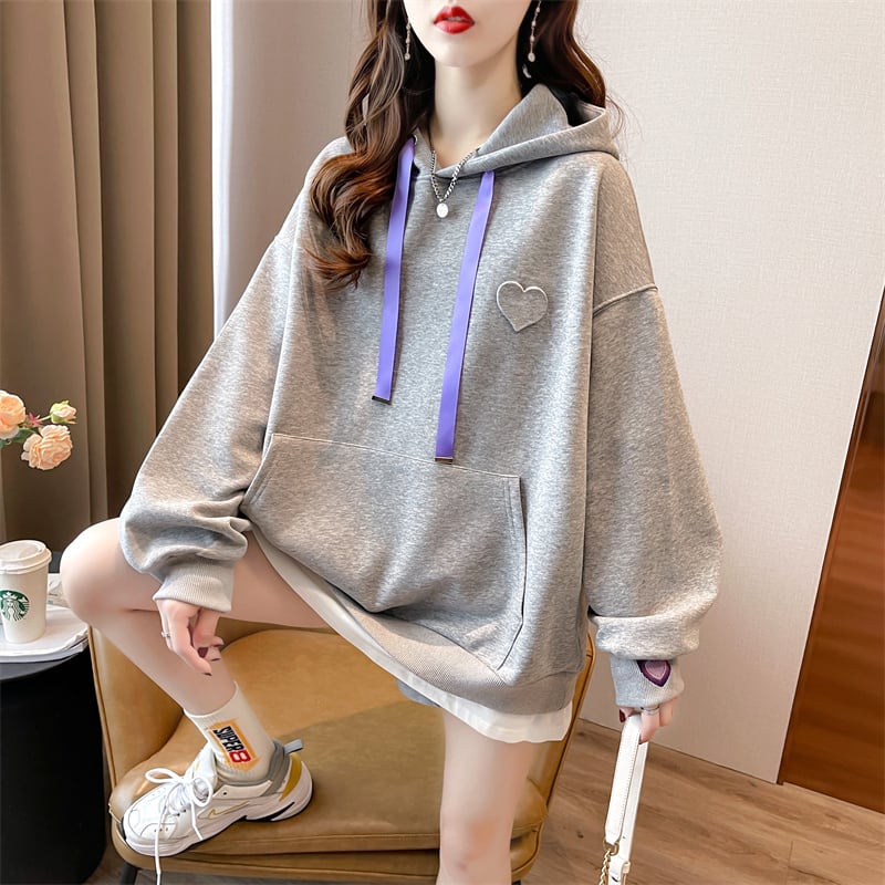【裏起毛】レイヤード風ハートロゴゆったりフード付きパーカ全4色 ins-4743