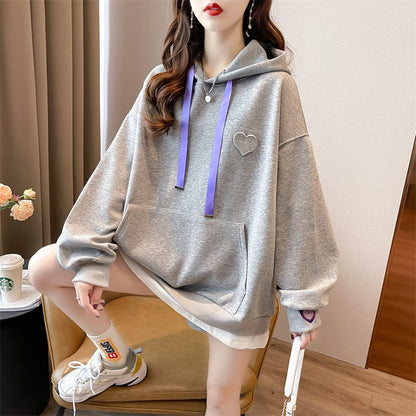 【裏起毛】レイヤード風ハートロゴゆったりフード付きパーカ全4色 ins-4743