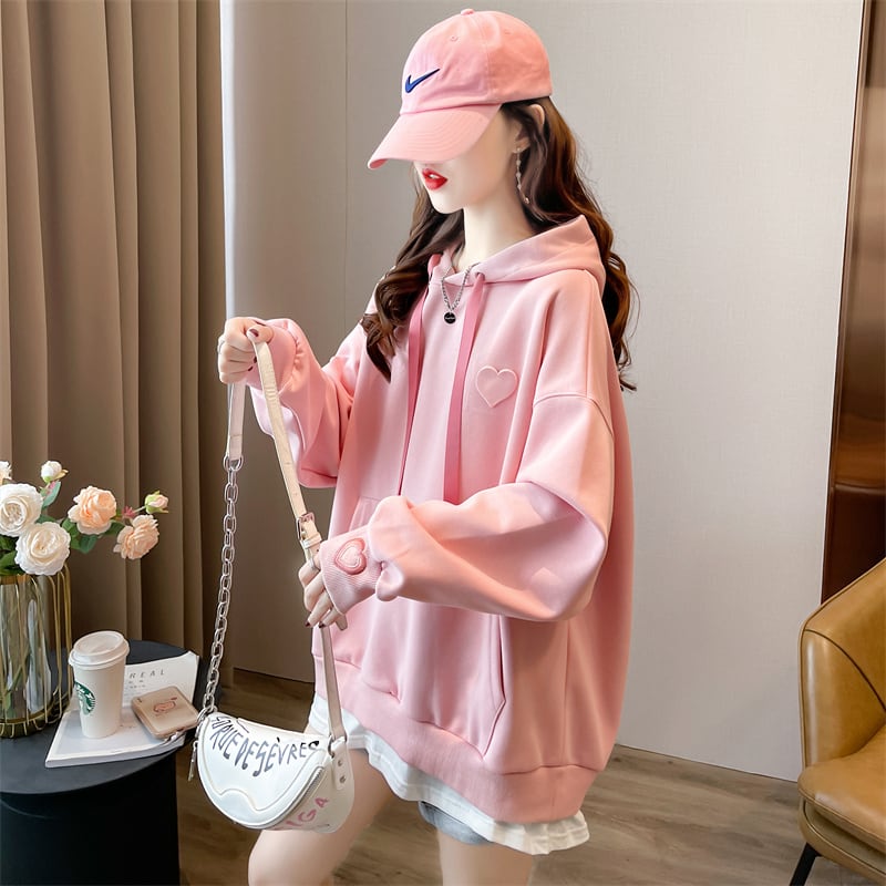 【裏起毛】レイヤード風ハートロゴゆったりフード付きパーカ全4色 ins-4743