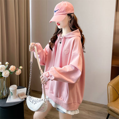 【裏起毛】レイヤード風ハートロゴゆったりフード付きパーカ全4色 ins-4743