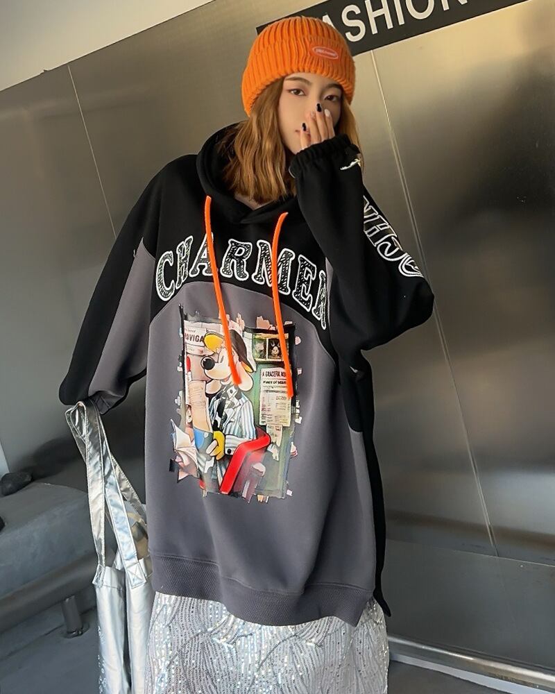 最新作プリントロゴ切り替えフード付きパーカ全3色オーバーサイズトップスins-4790
