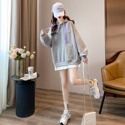 【裏起毛】レイヤード風ハートロゴゆったりフード付きパーカ全4色 ins-4743