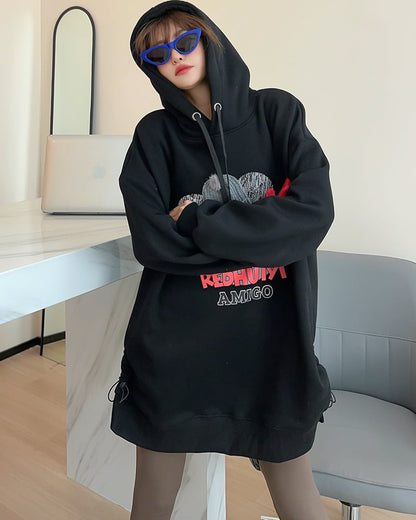 美人度アップ プリントロゴ ゆったりフード付きパーカー裏起毛 全5色ins-4847
