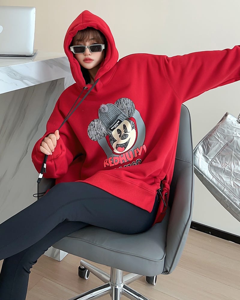 美人度アップ プリントロゴ ゆったりフード付きパーカー裏起毛 全5色ins-4847