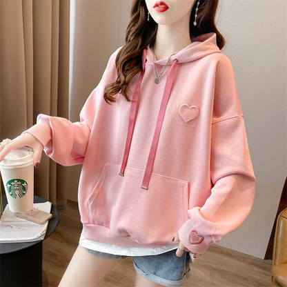 【裏起毛】レイヤード風ハートロゴゆったりフード付きパーカ全4色 ins-4743