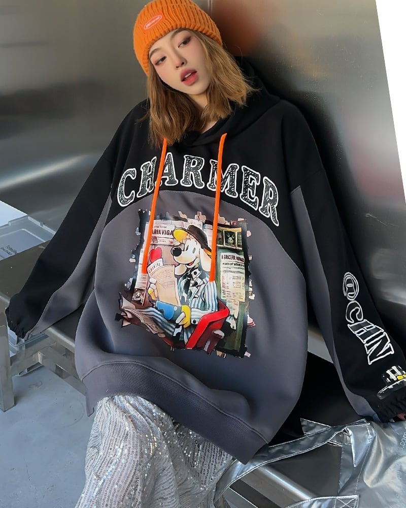 最新作プリントロゴ切り替えフード付きパーカ全3色オーバーサイズトップスins-4790