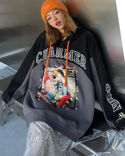 最新作プリントロゴ切り替えフード付きパーカ全3色オーバーサイズトップスins-4790