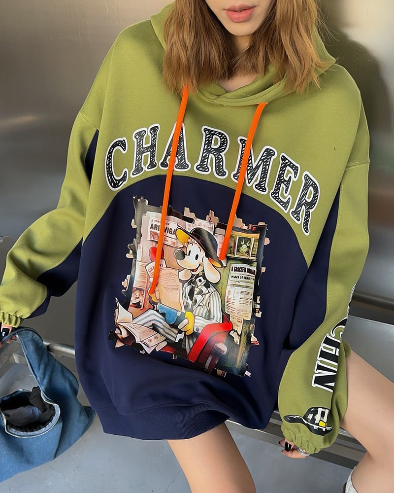 最新作プリントロゴ切り替えフード付きパーカ全3色オーバーサイズトップスins-4790