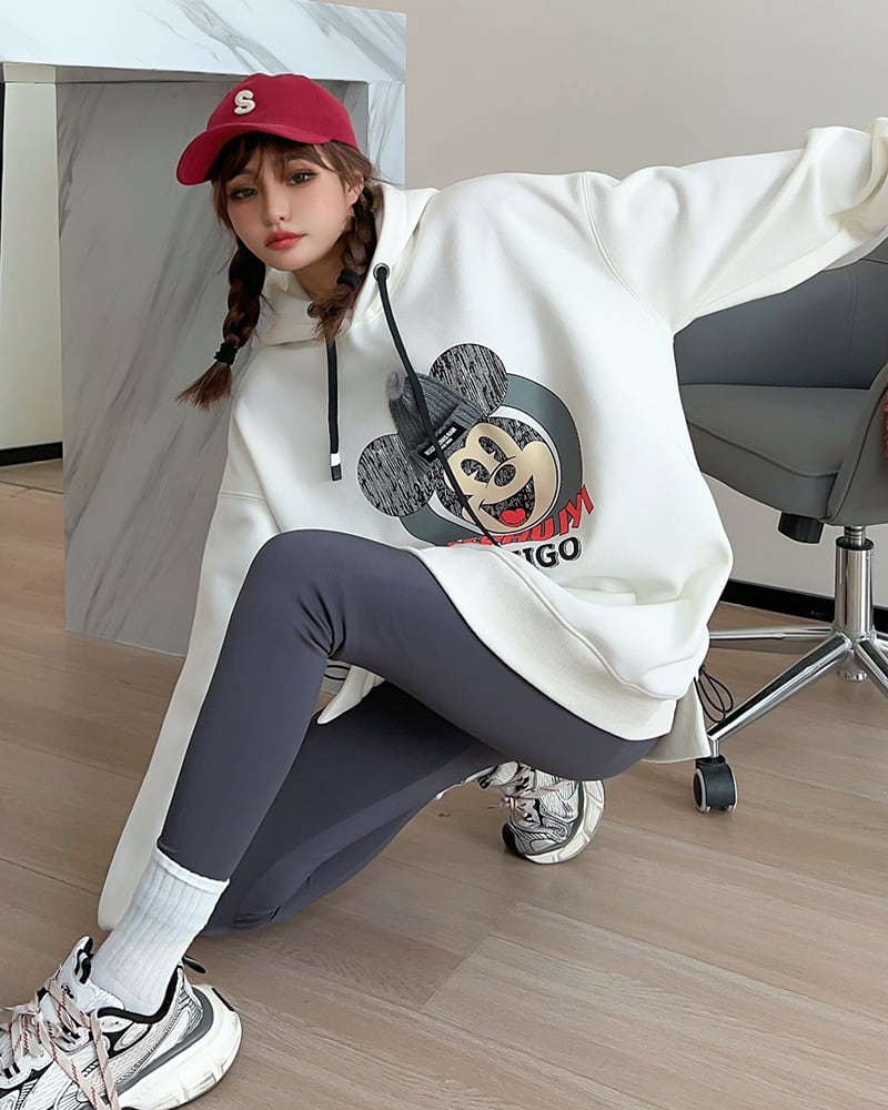 美人度アップ プリントロゴ ゆったりフード付きパーカー裏起毛 全5色ins-4847