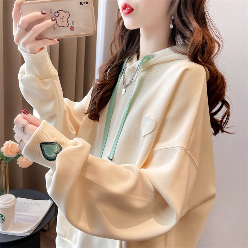 【裏起毛】レイヤード風ハートロゴゆったりフード付きパーカ全4色 ins-4743