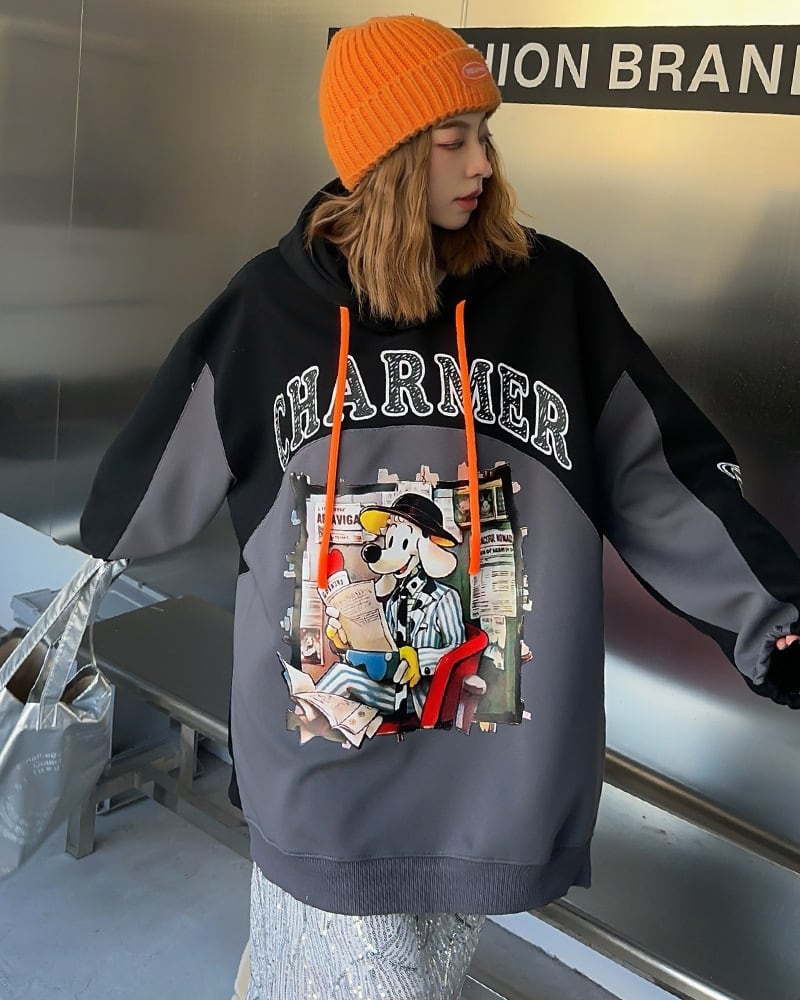 最新作プリントロゴ切り替えフード付きパーカ全3色オーバーサイズトップスins-4790