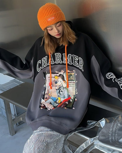 最新作プリントロゴ切り替えフード付きパーカ全3色オーバーサイズトップスins-4790