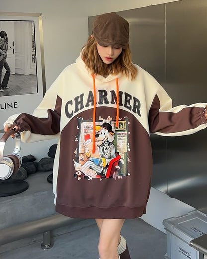 最新作プリントロゴ切り替えフード付きパーカ全3色オーバーサイズトップスins-4790