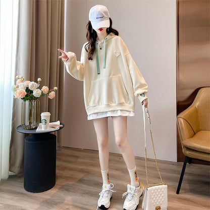 【裏起毛】レイヤード風ハートロゴゆったりフード付きパーカ全4色 ins-4743