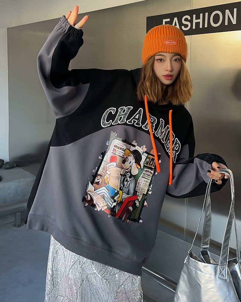 最新作プリントロゴ切り替えフード付きパーカ全3色オーバーサイズトップスins-4790