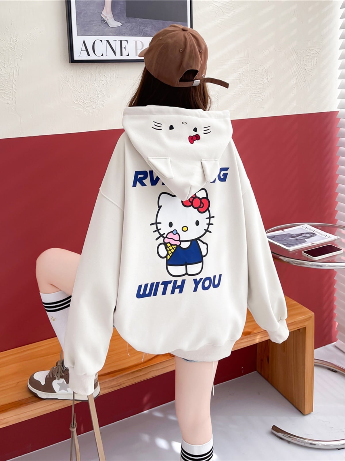 早い者勝ち後ろビッグロゴゆったりフード付きパーカ全2色トップスins-4780