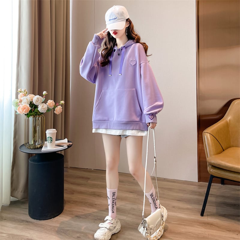 【裏起毛】レイヤード風ハートロゴゆったりフード付きパーカ全4色 ins-4743