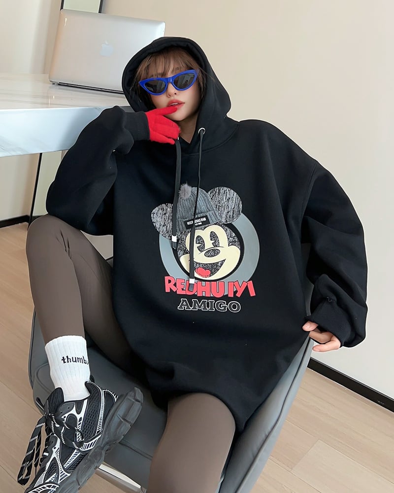 美人度アップ プリントロゴ ゆったりフード付きパーカー裏起毛 全5色ins-4847