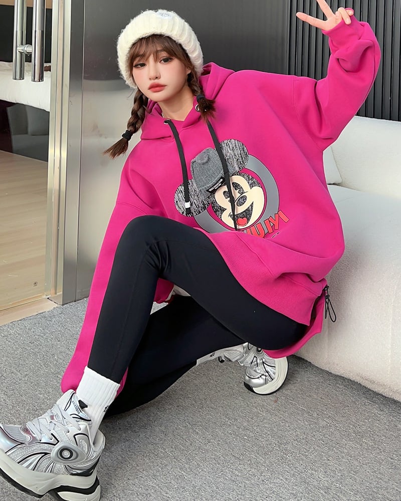 美人度アップ プリントロゴ ゆったりフード付きパーカー裏起毛 全5色ins-4847