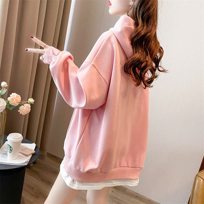 【裏起毛】レイヤード風ハートロゴゆったりフード付きパーカ全4色 ins-4743