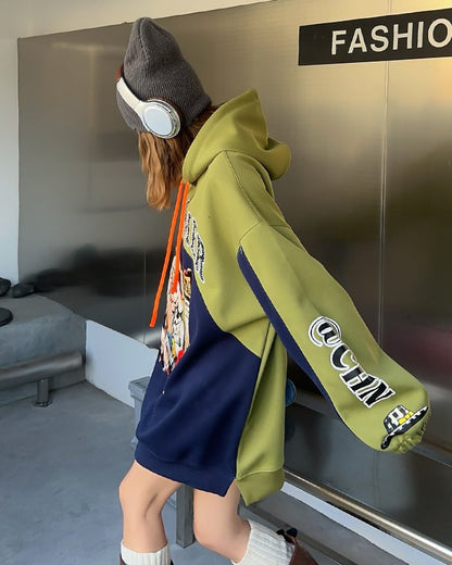 最新作プリントロゴ切り替えフード付きパーカ全3色オーバーサイズトップスins-4790