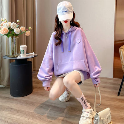 【裏起毛】レイヤード風ハートロゴゆったりフード付きパーカ全4色 ins-4743