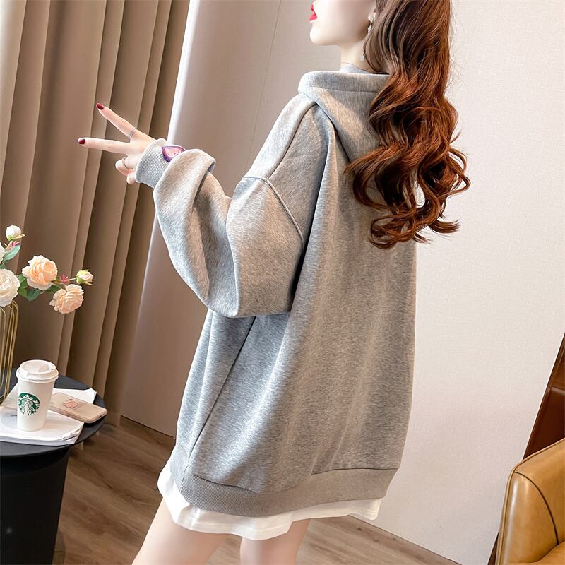 【裏起毛】レイヤード風ハートロゴゆったりフード付きパーカ全4色 ins-4743