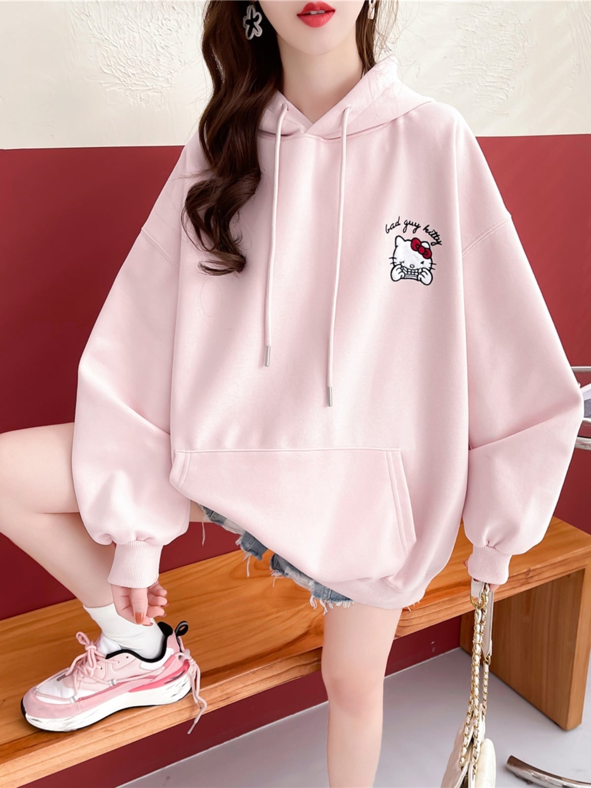 早い者勝ち後ろビッグロゴゆったりフード付きパーカ全2色トップスins-4780