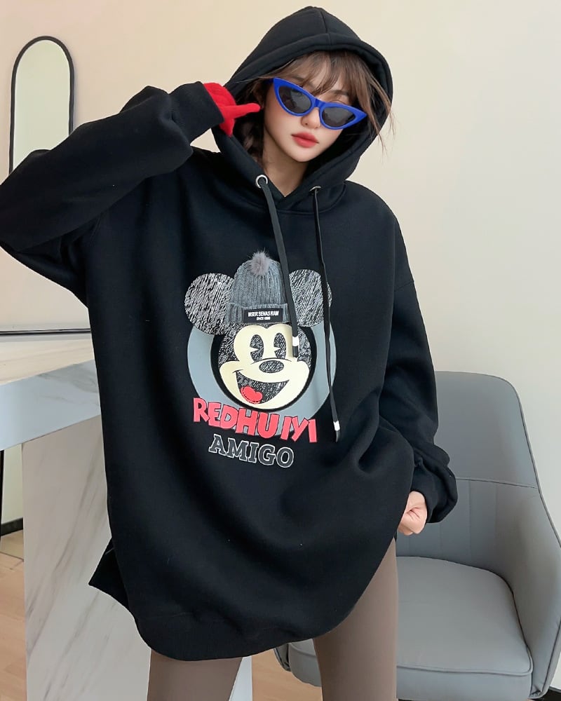 美人度アップ プリントロゴ ゆったりフード付きパーカー裏起毛 全5色ins-4847