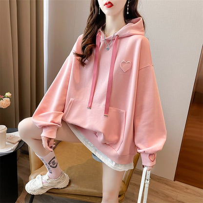 【裏起毛】レイヤード風ハートロゴゆったりフード付きパーカ全4色 ins-4743