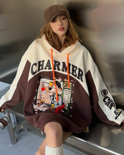 最新作プリントロゴ切り替えフード付きパーカ全3色オーバーサイズトップスins-4790