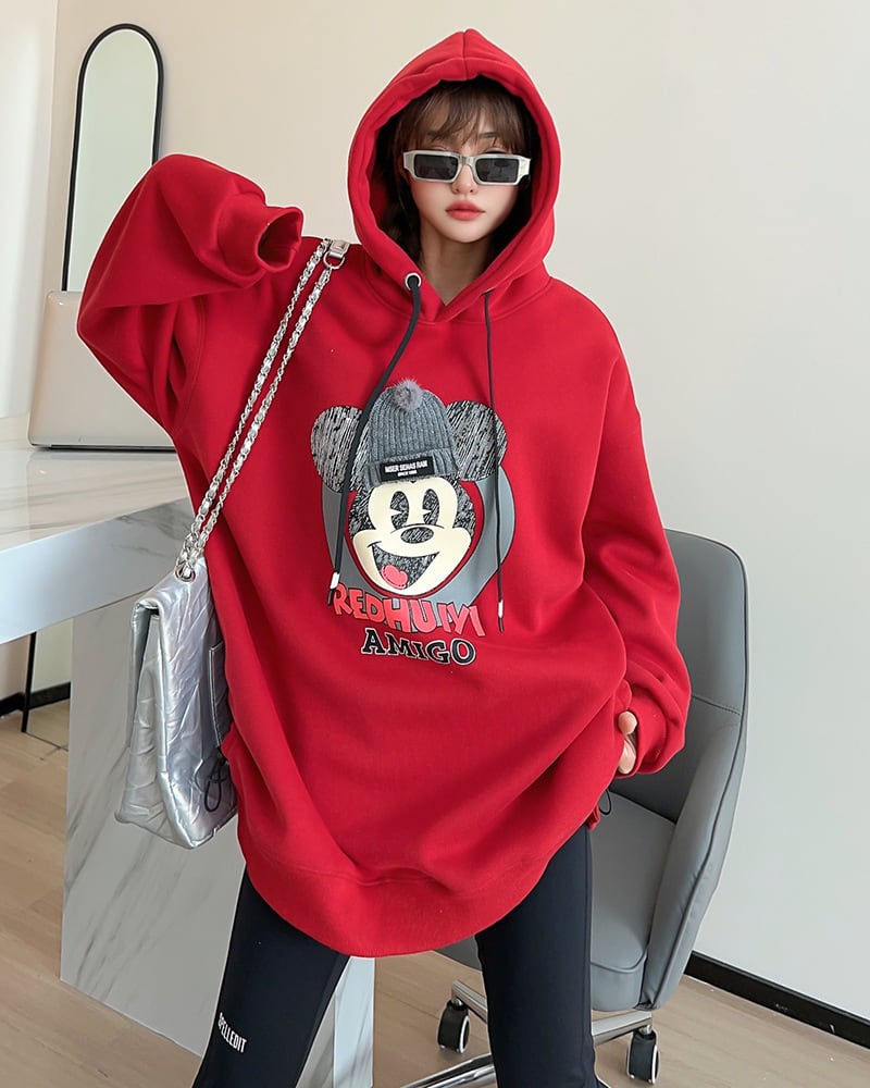 美人度アップ プリントロゴ ゆったりフード付きパーカー裏起毛 全5色ins-4847