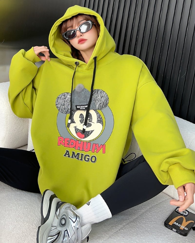 美人度アップ プリントロゴ ゆったりフード付きパーカー裏起毛 全5色ins-4847