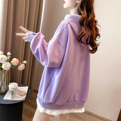 【裏起毛】レイヤード風ハートロゴゆったりフード付きパーカ全4色 ins-4743