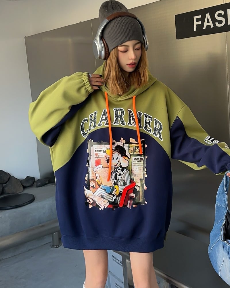 最新作プリントロゴ切り替えフード付きパーカ全3色オーバーサイズトップスins-4790