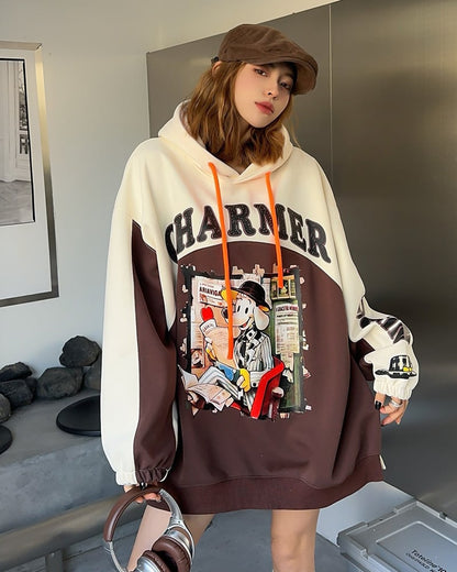 最新作プリントロゴ切り替えフード付きパーカ全3色オーバーサイズトップスins-4790