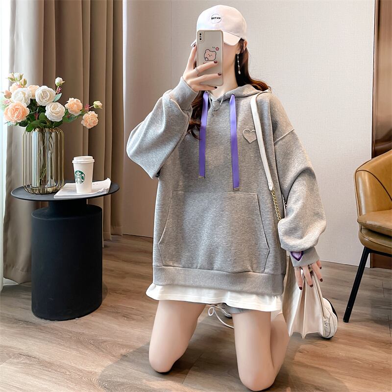 【裏起毛】レイヤード風ハートロゴゆったりフード付きパーカ全4色 ins-4743