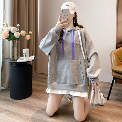 【裏起毛】レイヤード風ハートロゴゆったりフード付きパーカ全4色 ins-4743