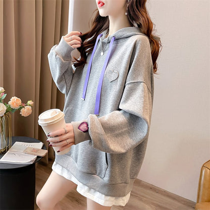 【裏起毛】レイヤード風ハートロゴゆったりフード付きパーカ全4色 ins-4743