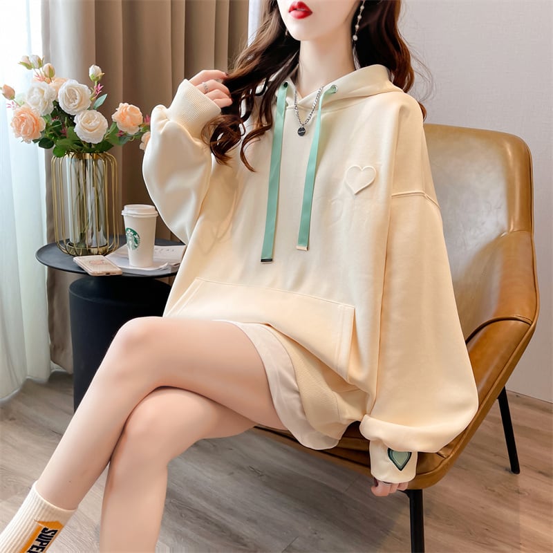 【裏起毛】レイヤード風ハートロゴゆったりフード付きパーカ全4色 ins-4743