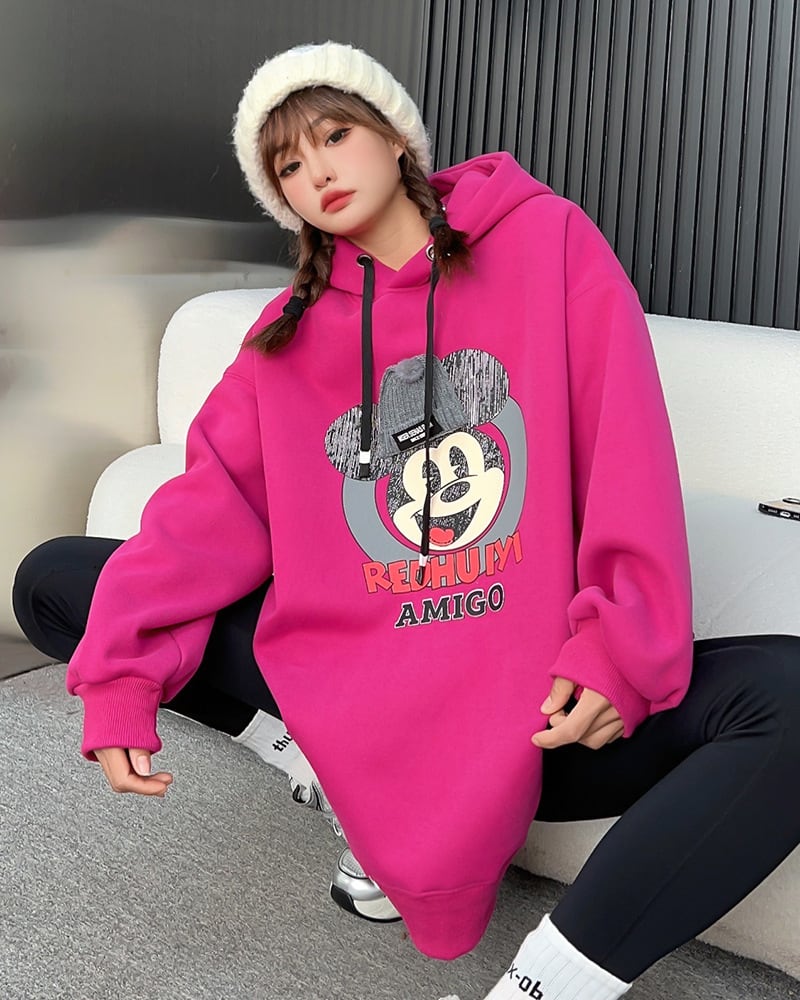 美人度アップ プリントロゴ ゆったりフード付きパーカー裏起毛 全5色ins-4847