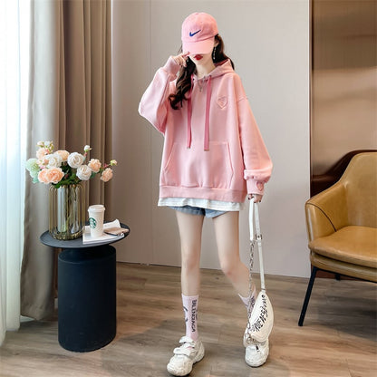 【裏起毛】レイヤード風ハートロゴゆったりフード付きパーカ全4色 ins-4743